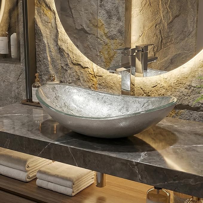 Bathroom Boat Shape Artistic Glass Vessel Sink Free Chrome Faucet and Pop-up Drain Set, Silver