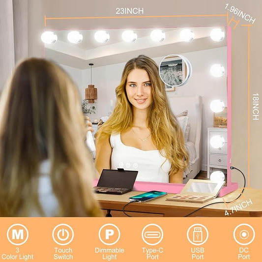 Moonee Pink Vanity Mirror with Lights, Hollywood Lighted Makeup Mirror with 15 Dimmable Bulbs and 10X Magnification, 3 Colors Modes, Aluminum Metal Frame, Light Up Mirror for Tabletop/Wall(23" x 18")