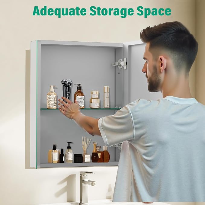 Medicine Cabinet Mirror,Bathroom Mirror with Storage 14 x 18 in | Bathroom Medicine Cabinet With Mirror And Adjustable Shelves, Aluminum Recessed or Wall Mounted Medicine Cabinets