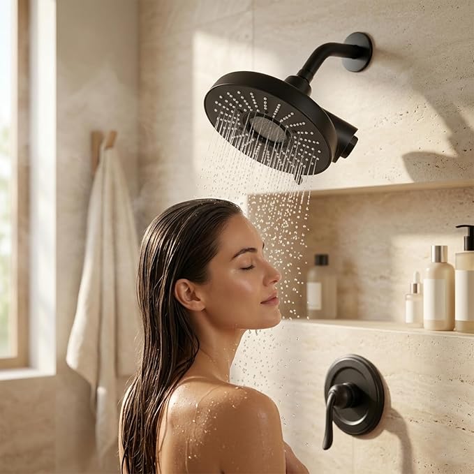2-Piece Filtered Shower Faucet Set with Valve, 6-Inch 3-Function Shower Head with 18-Stage Filter, Single-Handle Pressure Balance Trim, Matte Black