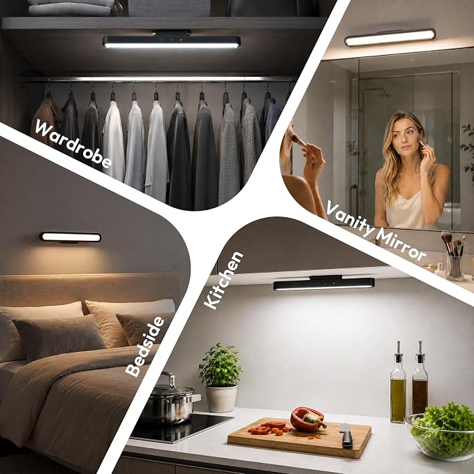 Mirror Light Bar, 2600mAh Rechargeable LED Stick on Vanity Lights for Mirror, 3 Color Modes Stepless Dimming Makeup Lights, Magnetic Wireless LED Lights for Bathroom Mirror, Closet(Black)