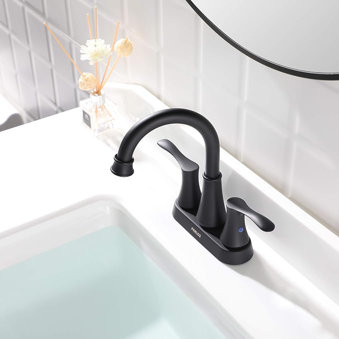 Matte Black Bathroom Sink Faucet 4 Inch Centerset for Vanity | Swivel Spout, 2 Handle Lead-Free Deck Mount Bathroom Faucet with Pop Up Drain Supply Lines, for 2 or 3 Hole Lavatory Sink