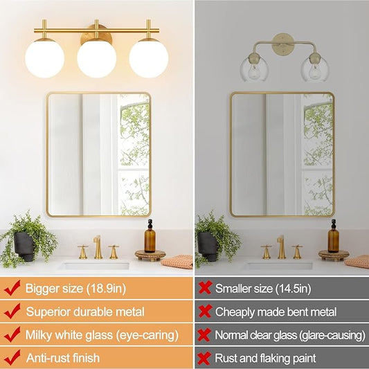 3-Light Bathroom Light Fixtures, Brushed Gold Vanity Lights for Bathroom with Milky White Glass Ball Shade, 18.9 inch Bathroom Lighting Fixtures Over Mirror, Wall Sconce for Bedroom(Bulb Not Included)