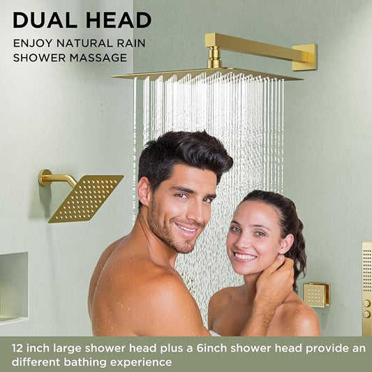 Shower System with 4 Body Spray Jets, STARBATH 4 Way 12 + 6"Rainfall Shower Head with Handheld Combo, Wall Mounted Shower Jets System in Wall Shower Faucet Set, Brushed Gold