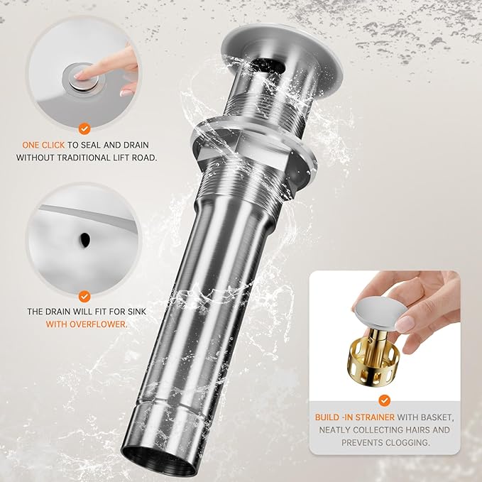 Phiestina Bathroom Sink Faucet,Single-Handle Bathroom Faucet with 4 Inch Deck Plate and Metal Drain, Fit for 1 or 3 Hole Installation, 360 Degree Rotation Spout, Brushed Nickel, WE08E-BN