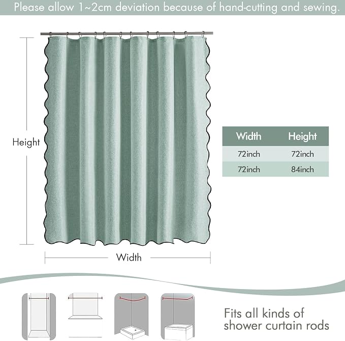 MIULEE Seafoam Green Scalloped Linen Shower Curtain 72x72 Inches | Linen Textured, Waterproof, Washable, 12 Metal Hooks, Heavy Duty Cloth, Black Border, Shower Curtain for Bathroom Bathtub