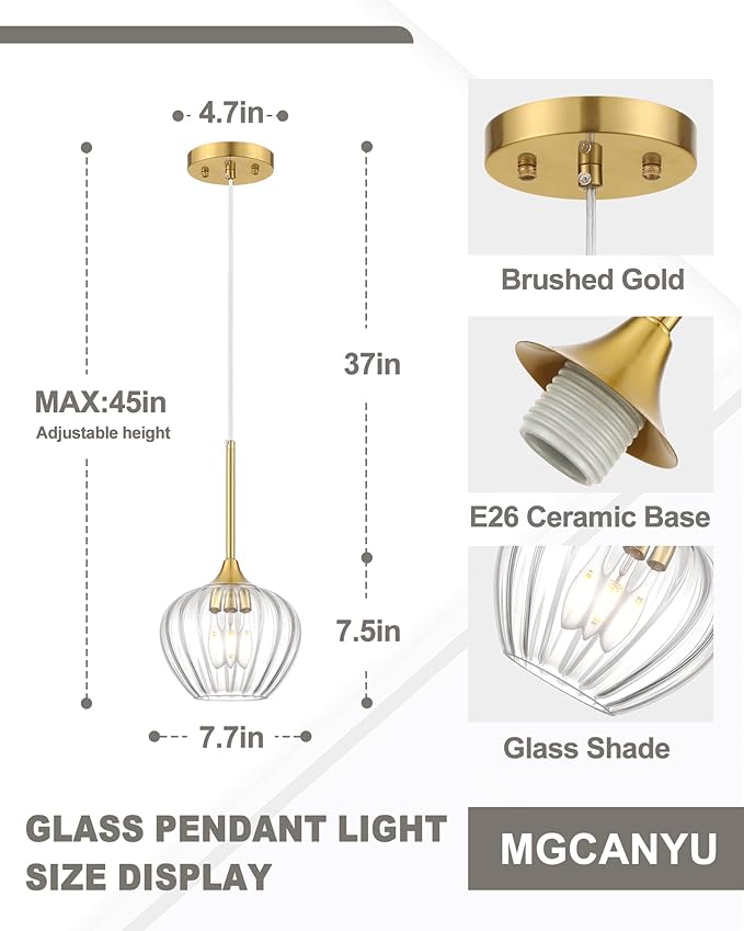 Glass Pendant Lights for Kitchen Island, 7.7" Modern Gold Pendant Light Fixtures Small Adjustable Hanging Light for Kitchen, Dining Room, Sink, Bathroom