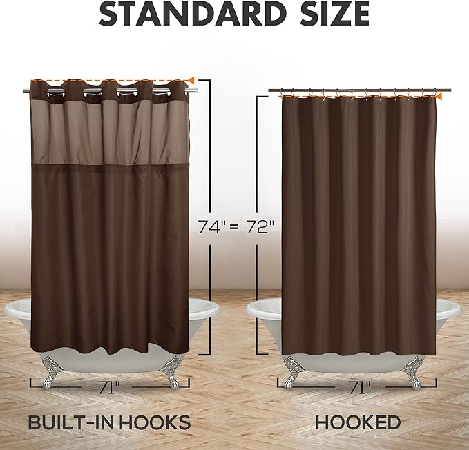 River Dream No Hook Shower Curtain with Snap-in Liner Set, Brown, 71x74 | Snap on/off Waterproof PEVA Liner, See Through Top Window, Slub Textured, Hotel Style Shower Curtain Set, Standard Size