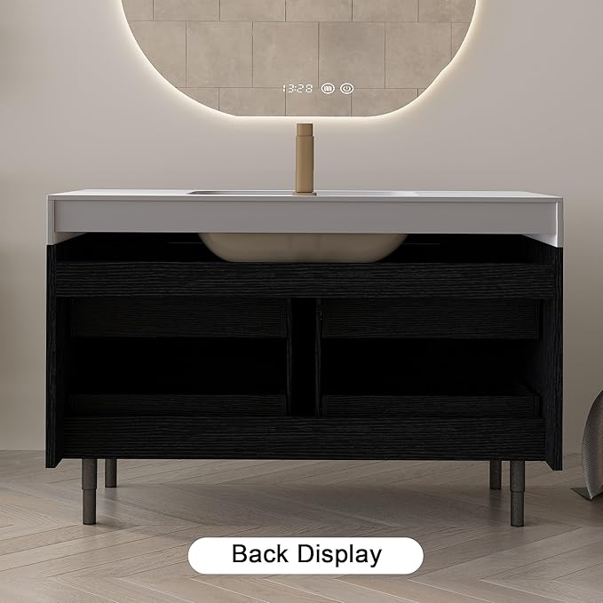 35.4" Freestanding Black Bathroom Vanity with Sintered Stone Countertop and Ceramic Basin Sink, Modern Bathroom Cabinet with 4 Soft Closing Drawers, Hidden Handle, Powder-Coated Metal Legs