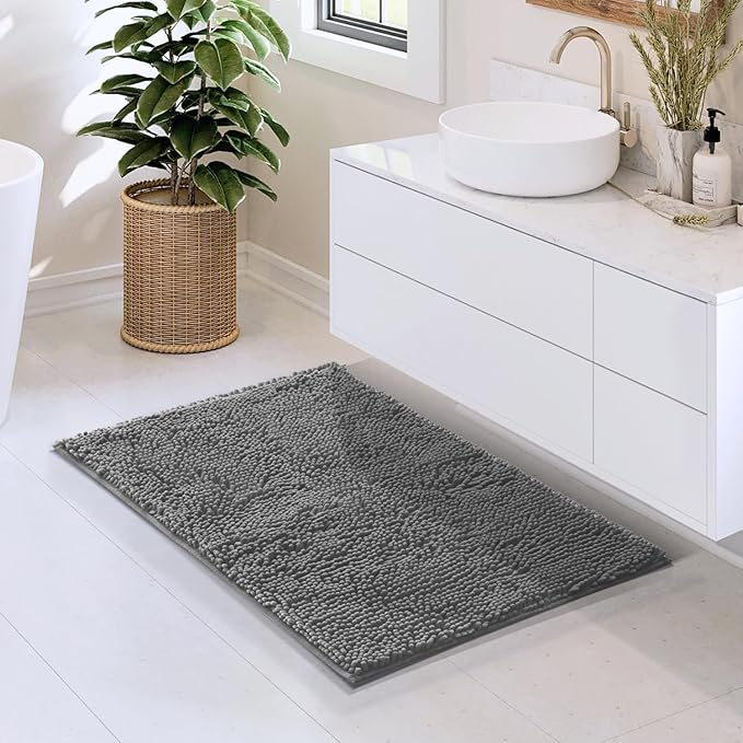 Hearth & Harbor Bathroom Rugs, Chenille Bath Mat - Machine Washable Bath Mats for Bathroom Non-Slip Backing Rubber, Quick Dry Bathroom Mat, 20 x 32 - Frost Grey