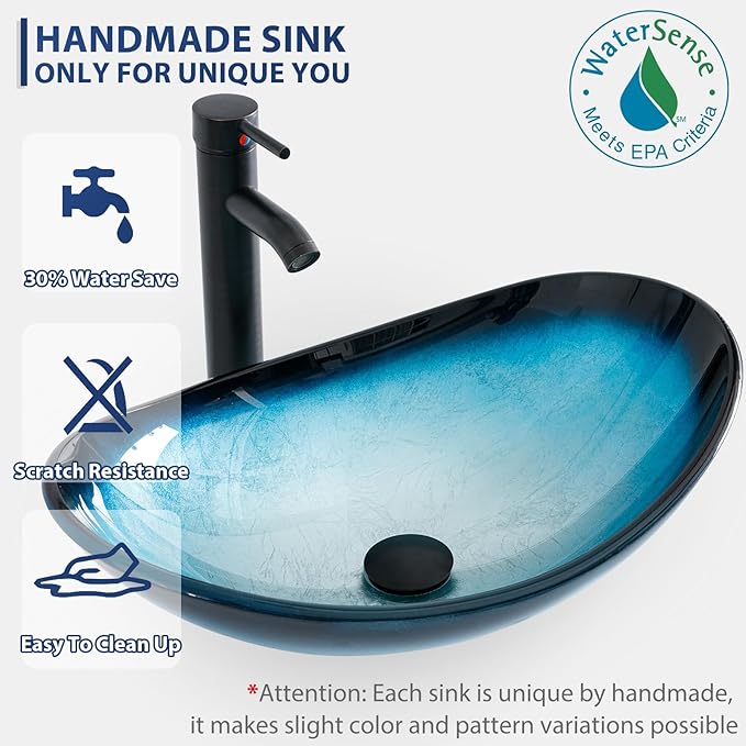 eclife 24" Floating Bathroom Vanities with Sink Combo, Wall Mounted Modern Cabinet W/Diamond Line Pattern Design, Blue Boat Glass Vessel Sink W/Water Save Faucet & Pop Up Drain, Black