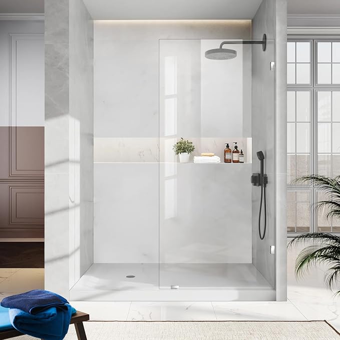 Bathroom Shower Glass Door 34" W×78.75" H, 3/8"(10mm) Thick Clear Tempered Glass Panel with Clamps, Fixed Frameless Waterproof Shower Door, Chrome