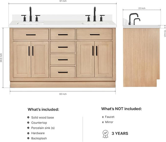 DKB Isabella 60-Inch Oak Double Bathroom Vanity with Sink, Pure White Quartz Countertop 1.5" Edge & 4" Backsplash, Soft Closing Doors & Drawers, Matte Black Hardware