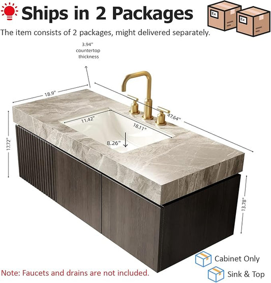 48" Floating Bathroom Vanity with Sink, Plywood Bathroom Vanities with Drawer and Doors, Light Gray Sintered Stone and 3 Pre-drilled Faucet Holes Ceramic Basin, Pre-Assembled, Espresso Woodgrain