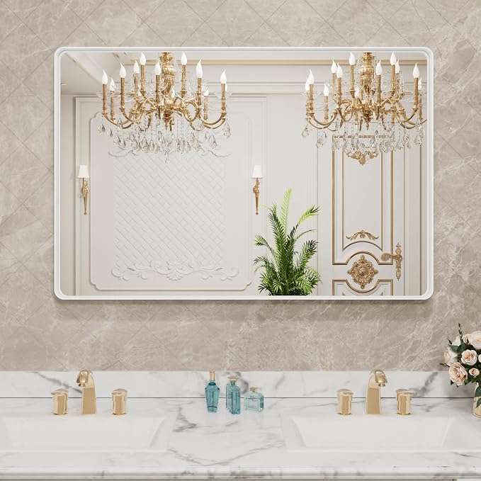 LOAAO 48x36 Inch White Metal Framed Bathroom Mirror | Rounded Rectangle, Anti-Rust, Tempered Glass, Hangs Horizontally or Vertically