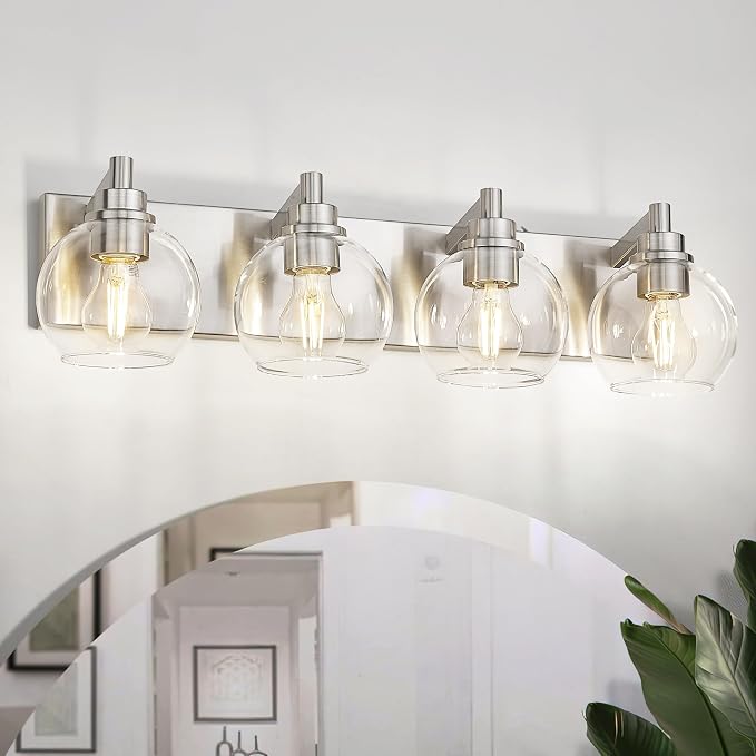 4-Light Brushed Nickel Bathroom Vanity Light, Clear Glass Globes | 26" modern bathroom light fixtures over mirror, E26 base, bulbs not included, VL195-BN-CL-4