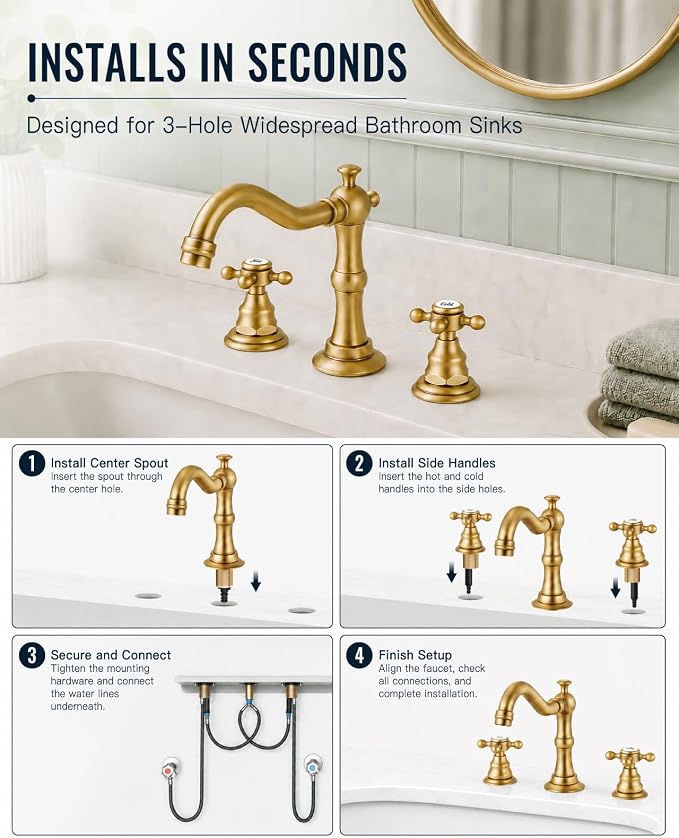 gotonovo Bathroom Faucet 3 Hole Vintage, Antique Brass, Script Font Label | Widespread Bathroom Sink Faucet 8 Inch 2 Cross Handles,Pop Up Drain,cUPC Supply Line,4-15.7” Install,for Vanity Farmhouse RV