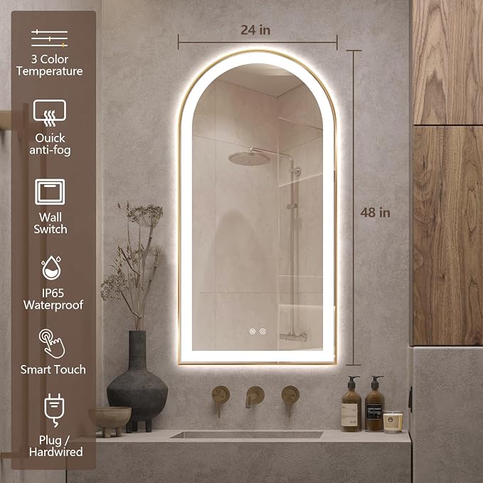 Arched LED Bathroom Mirror, 48"x24" Arch Backlit Vanity Mirror with Lights, Frontlit, Dimmable, 3 Colors, Memory Function, Anti-Fog Smart Mirror, Gold Frame, Shatterproof, UL Listed