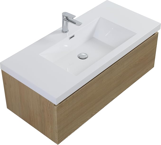42 Inch Floating Bathroom Vanity with Sink, Modern Oak Wall Mounted Floating Vanity with Glossy Resin Sink, Soft Closing Drawer, Fully Pre Assembled Bathroom Vanity, Natural Oak