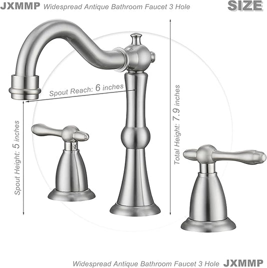 Brushed Nickel 3 Hole Bathroom Faucet, Widespread Antique Bathroom Sink Faucet with Pop Up Drain and cUPC Supply Hose, Modern 2 Handle Modern Brushed Sink Faucet Bathroom JXM3073BN