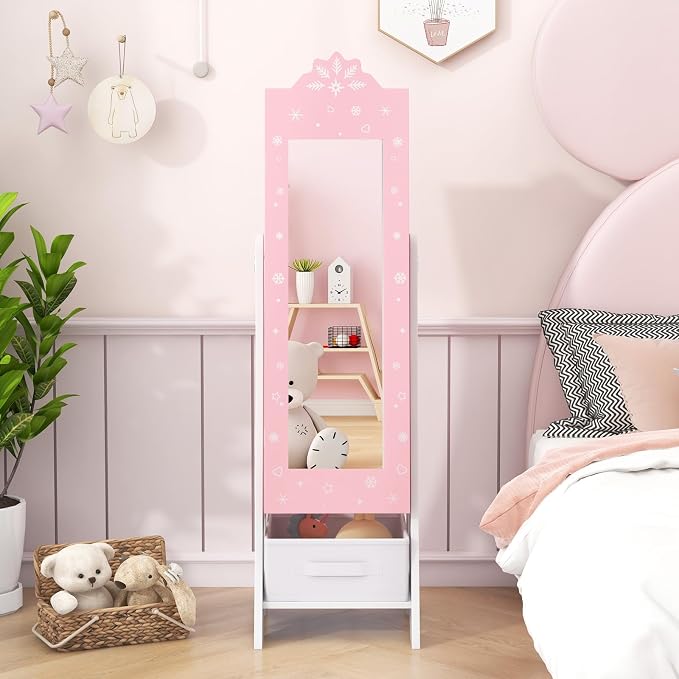 CHARMAID Kids Jewelry Cabinet - Standing Full Length Mirror With Storage, Ring Earring Necklace Organizer Box, Vanity Dressing Armoire for Girls (Pink)