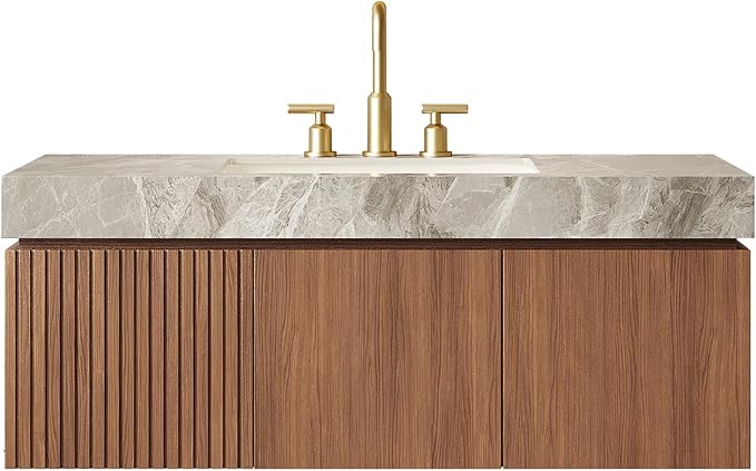 KEIKI 48 Inch Floating Bathroom Vanity with Sink, Brown Oak & Grey | Modern Wall Mounted Storage Cabinet w/ Drawer & Door, Pre-assembled Wood Panels, Sintered Stone Top & Ceramic Basin Combo Set