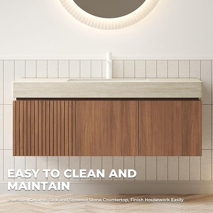 LKTART Floating 48 Inch Bathroom Vanity with Sink, Modern Plywood Wall Mounted Bathroom Storage Cabinet with 2 Doors and 1 Drawer, Roma Travertine-Pattern Sintered Stone Countertop and Ceramic Basins