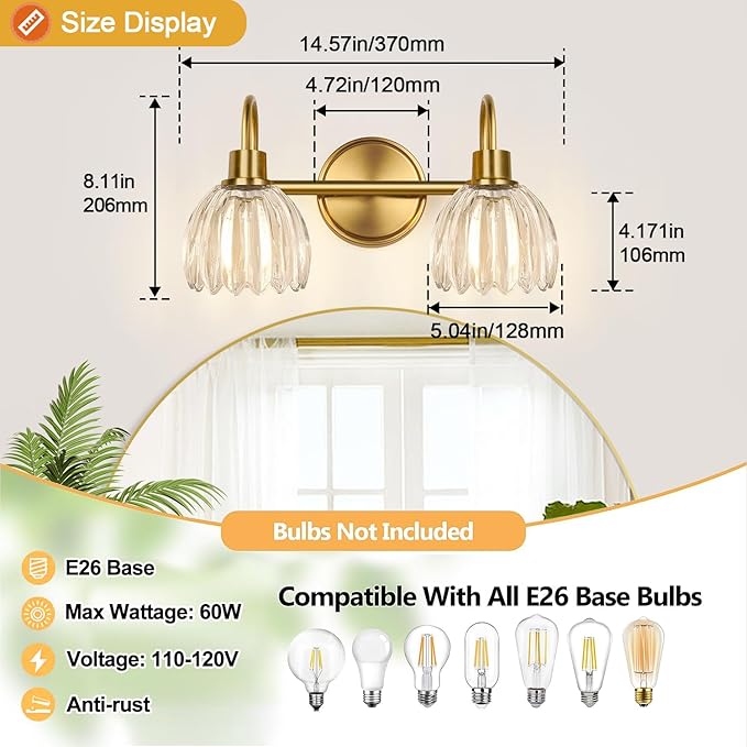 Bathroom Vanity Light (2-Light, 15 in), Brushed Gold Vanity Lights for Bathroom with Ribbed Clear Tulip Glass Shade, Vintage Vanity Wall Lights for Mirror Bedroom Living Room Hallway