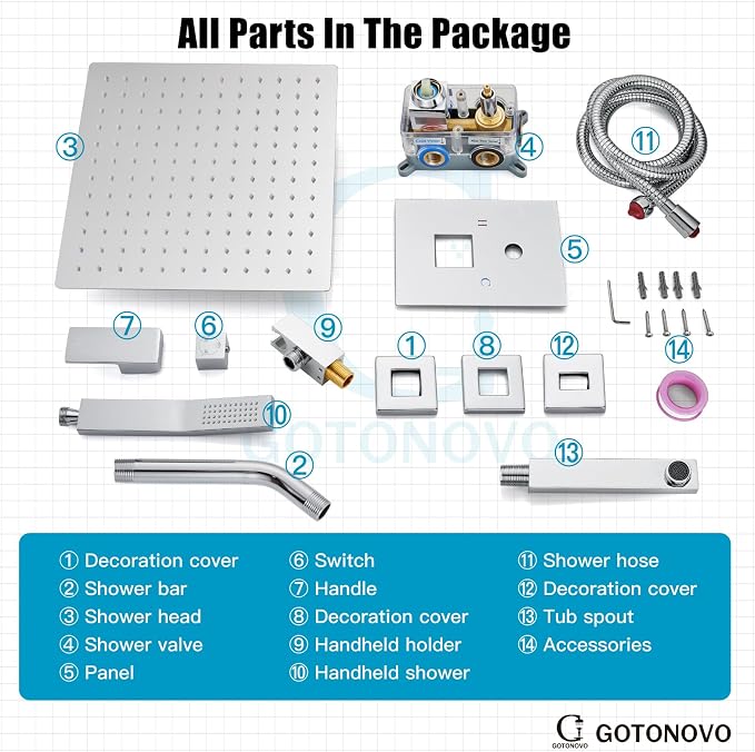 gotonovo Bathtub Shower Faucet Set, 8 Inch Shower Head, Polish Chrome | Wall Mounted Shower System with Tub Spout for Bathroom, Square High Pressure Rain Shower head with Handheld Spray, All Metal