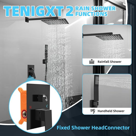 Bathroom Shower Faucet Set,12 Inch Rain Shower Head with Handheld Spray,Brass Shower Valve Trim Kit,Wall Mounted Square Rain Shower System (Matte black)