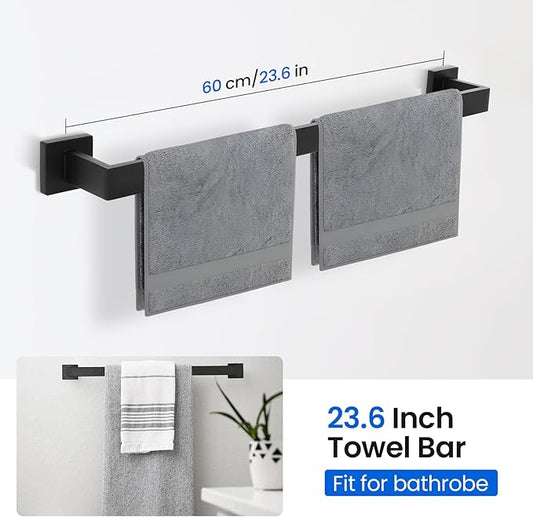 FAHKNS 10 PCS Bathroom Hardware Accessories Set 23.6 Inch Stainless Steel Bath Towel Bar Set Square Towel Ring Set for Bathroom Wall Mounted, Black