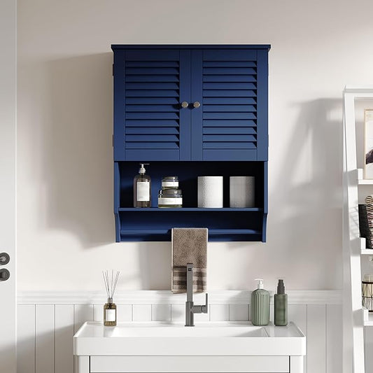 ChooChoo Bathroom Wall Cabinet with Towels Bar, 23.6" L x7.9 W x27.5 H MDF Material Medicine Cabinet, 2 Doors Over The Toilet Space Saver Storage Cabinet with Large Space, Navy Blue