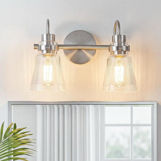 2-Light Brushed Nickel Bathroom Light Fixtures 13.8 Inch Vanity Lights for Bathroom Lighting Fixtures Over Mirror with Clear Striped Glass Shade for Bedroom Hallway Cabinet Porch