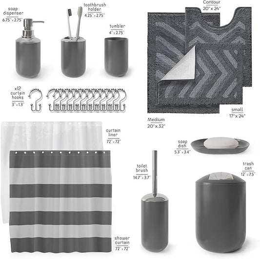 Clara Clark Bathroom Accessories Set - 23PC Shower Curtain Set with Bathroom Trash Can, Grey Bathroom Set, Bathroom Sets with Shower Curtain and Grey Rugs
