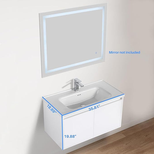 Blossom 36 Inch Wall Mounted Bathroom Vanity with Sink | Floating Wood Vanity Cabinet | Modern Soft-Close Doors & Storage | Ceramic Basin | Space-Saving Design (Glossy White, 36'' Ceramic Sink)