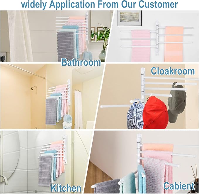 6-Arm Stainless Steel Swivel Towel Rack with Hook: Wall-Mounted, Rustproof Space-Saver for Bathroom & Kitchen-180ยฐ Rotation, 14kg Capacity(White)