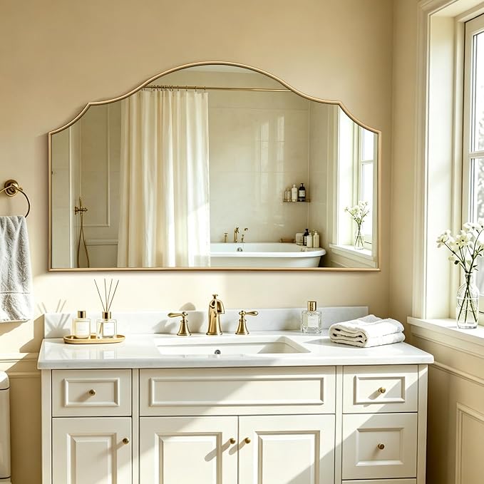 Besdomus Gold Scalloped Wall Mirror: 54"x34" Oversized Wooden Arched Mirror | Modern Minimalist Decorative Mirror for Fireplace/Bathroom/Bedroom/Entryway/Living Room/Dining Room/Vanity/Dresser/Over Sink