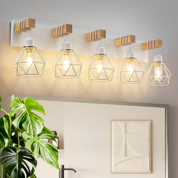VbiTmn Bathroom Light Fixtures,5 Light White Farmhouse Wood Vanity Lights | Rustic Design, Diamond Metal Shades, Easy to Install, Wall Sconces for Bathroom, Bedroom, Makeup Area, Over Vanity Mirror