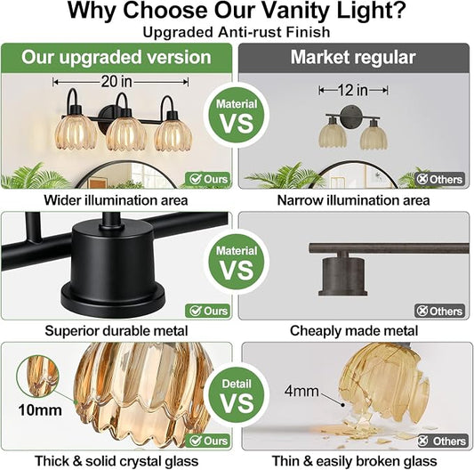 Bathroom Light Fixtures, 3-Light Black Vanity Light with Ribbed Amber Tulip Glass Shades, 20-Inch Bathroom Lighting Over Mirror for Bedroom, Living Room, Hallway (Bulbs Not Included)