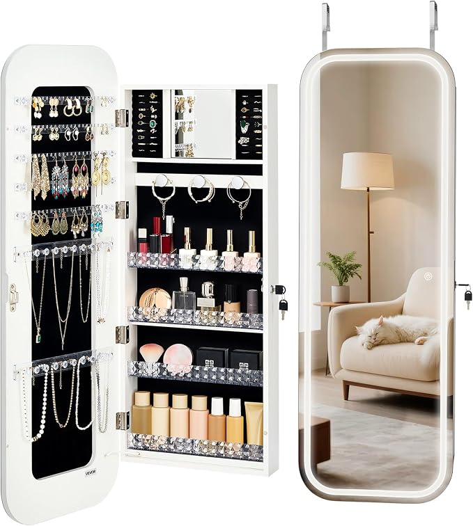 VEVOR LED Mirror Jewelry Cabinet, 42.5-inch Tall, Full-Length Mirror with Storage, Wall Mount/Over the Door Jewelry Armoire Organizer with Lights, Rounded Design, Lockable Door with 2 Keys, White