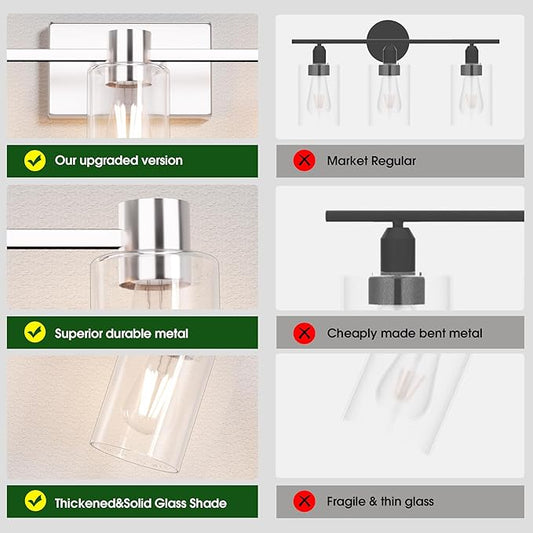 3-Light Brushed Nickel Wall Sconces for Bathroom, Modern Vanity Light Fixtures Over Mirror, Wall Lamp with Clear Glass Shade, E26 Wall Sconces Over Mirror for Bathroom, Living Room, Hallway