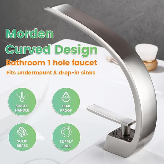 Bathroom Sink Faucet Modern Single Hole 1-Handle Faucet, Brushed Nickel Solid Brass Faucets, Mount Curved Lavatory Faucets Mixer Tap