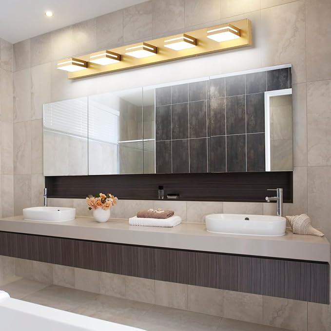 SineRise LED Modern Bathroom Vanity Light Fixtures, Modern Acrylic Bathroom Wall Lighting Fixtures Over Mirror, 5-Light, 40-Inch, Gold, 100%-0% White