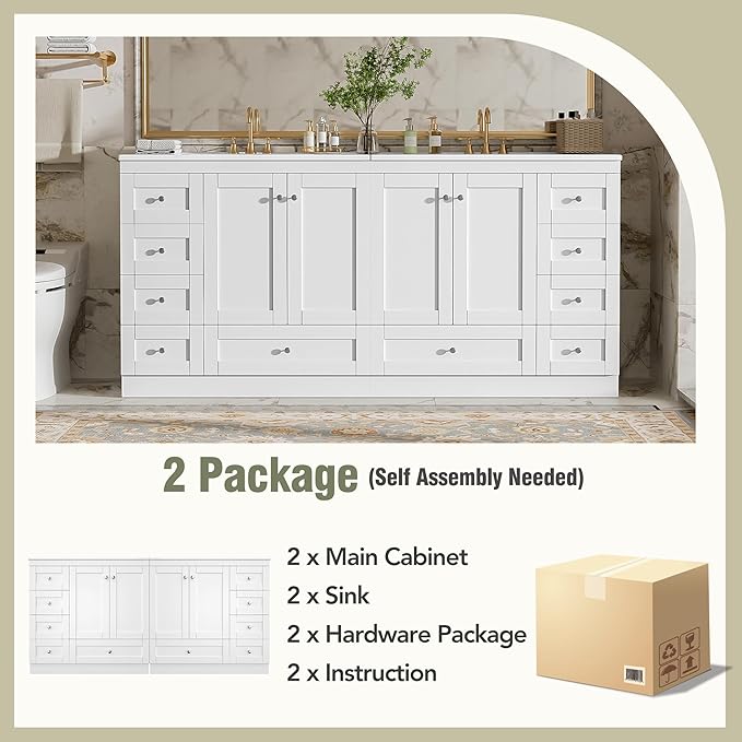 Harper & Bright Designs 72" Bathroom Vanity Set with Double Sink, Vanity Cabinet with 4 Cabinet Doors and 8 Drawers, Modern Design Solid Wood Bathroom Cabinet with Ceramic Basin for Bathroom, White