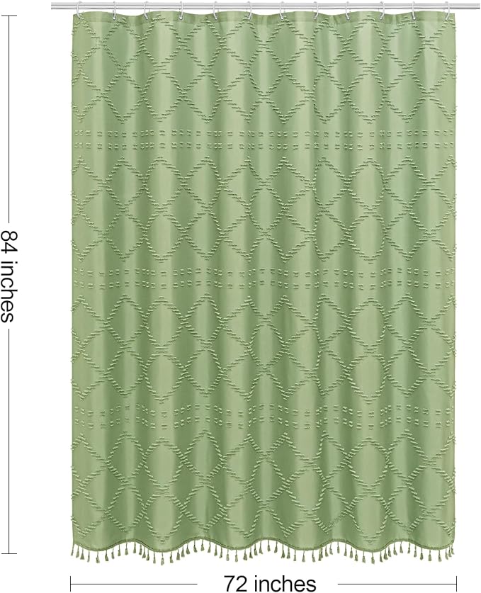 Sage Boho Woven Fabric Shower Curtain with Tassel 72 x 84, Tufted Textured | Modern Farmhouse Curtain for Bathroom, Extra Long Bathroom Curtain, Minimalist Decor, Waterproof