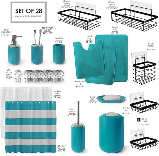 Clara Clark Bathroom Accessories Set - 28PC Bathroom Set with Adhesive Corner Shower Caddy Hanging, Bathroom Sets with Shower Curtain and Rugs, Teal Shower Curtain Set with Bathroom Trash Can