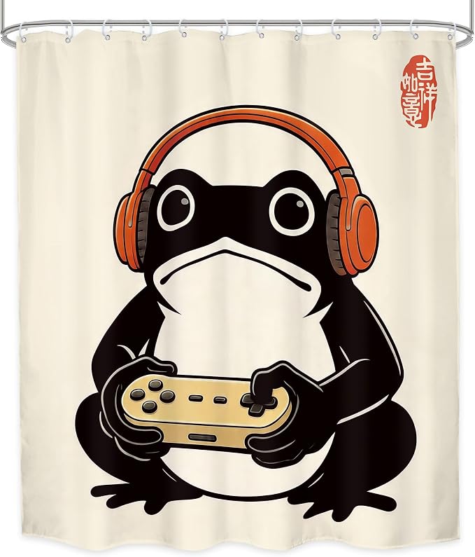 Funny Frog Japanese Gamer Anime Vintage Gaming Bathroom Shower Curtain Set | 60Wx71H Cool Retro waterproof HD print, quick-dry fabric, and 12 hooks for easy setup