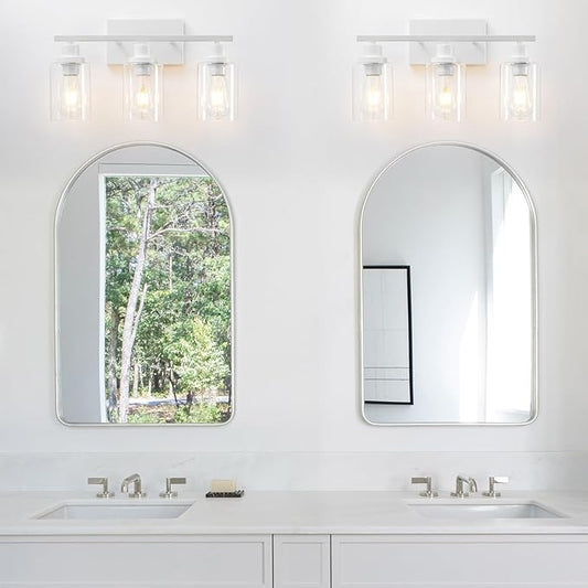 3 Light White Bathroom Light Fixtures Vanity Light Over Mirror Modern Wall Lighting Sconces Rustic Industrial Wall Lamp for Bathroom, Bedroom, Living Room E26 Socket with Glass Shade