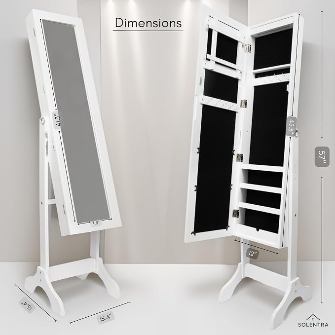 Standing Jewelry Cabinet – Full Length Mirror Jewelry Armoire Organizer with Lock, LED Lights & Multiple Storage Compartments