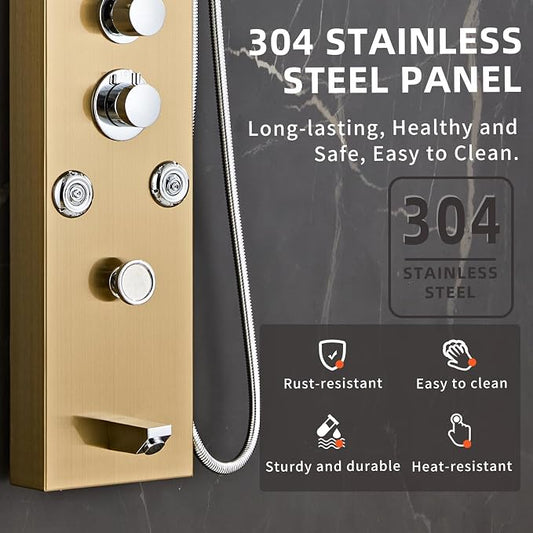 LED 5-in-1 Shower Panel Tower System,Brushed Gold | 304 Stainless Steel Shower Panel Tower Column with Powerful Body Jets, Rainfall, Waterfall,Handheld and Tub Spout